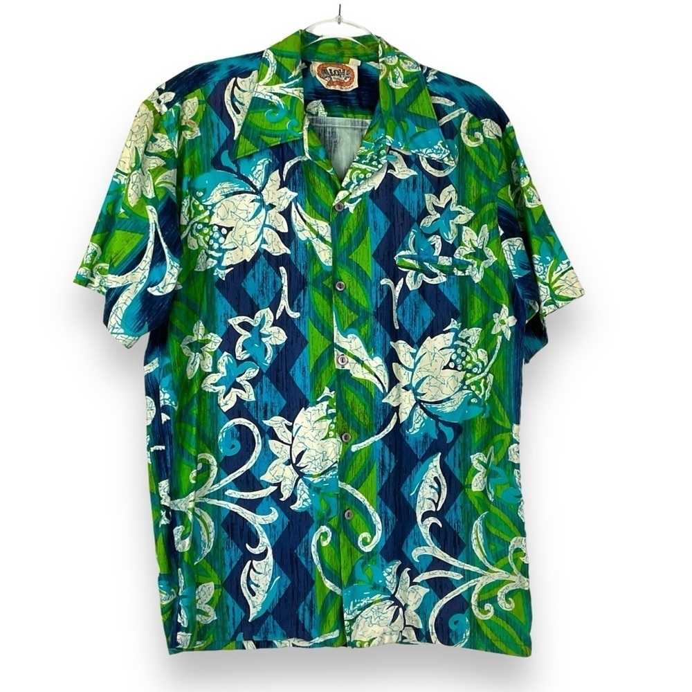 Vintage‎ Hawaiian Shirt Mens Aloha Fashions Blue Green Floral Button Up Size M